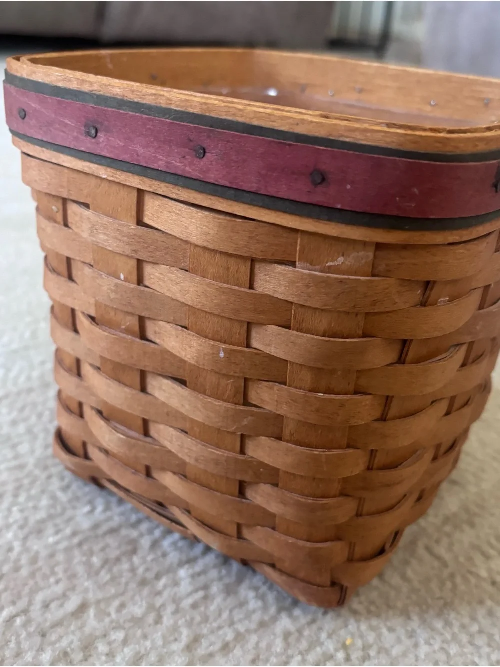 Longaberger Brown Woven Square Basket with Red Accent Trim